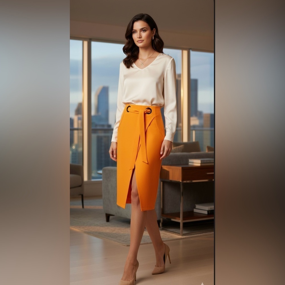 Topshop Orange Wrap Midi Skirt with Slit